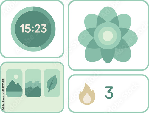 Vector illustration of a meditation app interface with session timer, breathing animation, soundscape selector, and daily streak. Calm and harmonious design, no text, transparent background