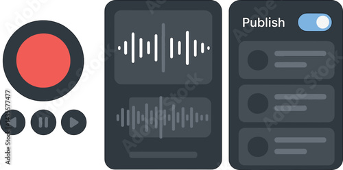 Vector illustration of a podcast creation app with record button, waveform editor, episode list, and publish toggle. Modern and minimal audio interface, no text, transparent background