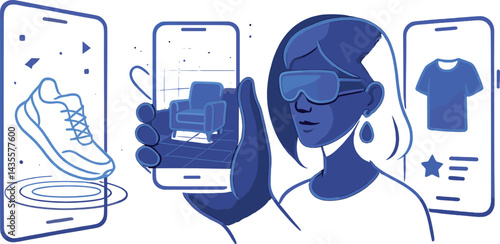 Vector illustration of an AR shopping app with 3D preview, scan environment, try-on option, and product info. Immersive and futuristic style, no text, transparent background