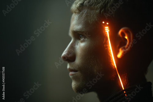 Portrait of man with glowing cybernetic implants in a dark alley,