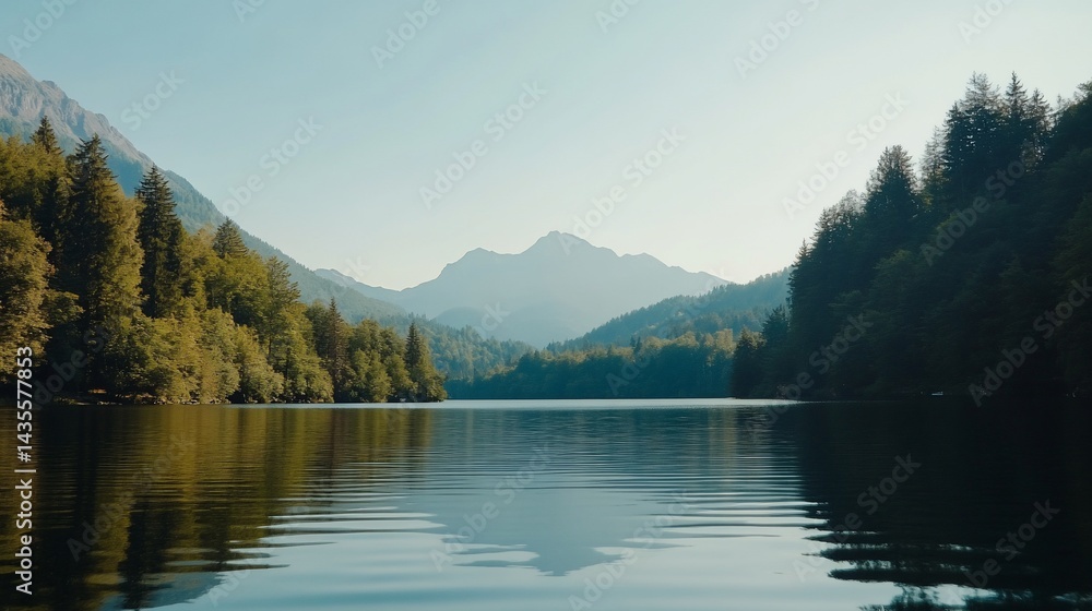 Obraz premium Serene lake nestled between majestic mountains and lush forests