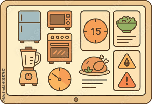 Vector illustration of a smart kitchen app with appliance icons, cooking timer, recipe suggestions, and safety alerts. Clean and homey design, no text, transparent background