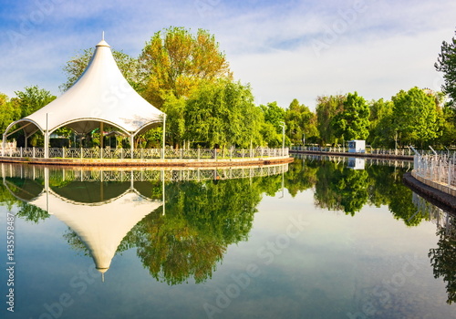 Parks of Tashkent. Spring landscape of a public park. Uzbekistan.