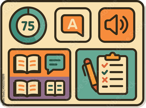 Vector illustration of a language course dashboard with unit tiles, progress ring, pronunciation button, and test icon. Engaging and educational style, no text, transparent background