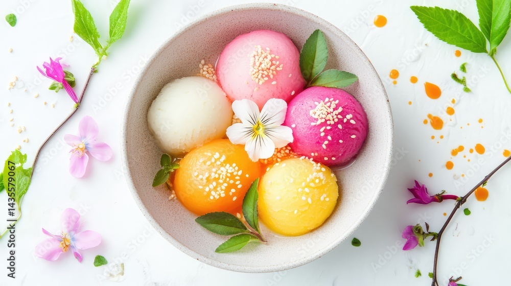 A beautiful mix of colorful mochi ice creams with delicate flowers and leaves in a minimal bowl A beautiful mix of colorful mochi ice creams with delicate flowers and leaves in a minimal bowl