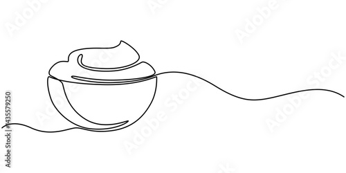 Vector continuous one single line drawing icon of sour cream or sauce in silhouette on a white background. Linear stylized, Continuous one line drawing meringue cake. Sweet creamy dessert with sugar.