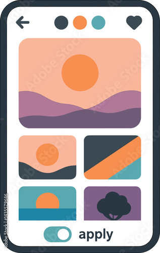 Vector illustration of a mobile wallpaper picker with preview gallery, style filters, favorite button, and apply toggle. Creative and clean interface, no text, transparent background