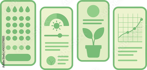 Vector illustration of a plant care tracker app with watering schedule, sunlight meter, plant profile, and growth chart. Green and calming visuals, no text, transparent background