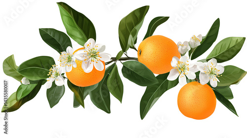  Fruit orange blossom branch with white flowers and green leaves, isolated on a transparent background