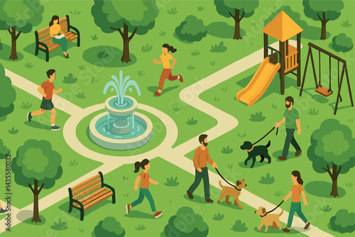 Isometric vector illustration of a modern park with benches, pathways, joggers, playground, fountain, and dog walkers. Lively and green isometric design, no text, transparent background