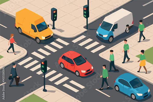 Isometric vector illustration of an urban street scene with pedestrian crosswalks, traffic lights, cars, delivery vans, and walking people. Clean, saturated colors, no text, transparent background