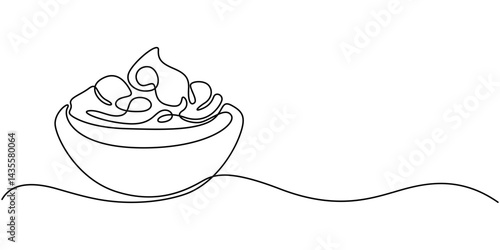 Vector continuous one single line drawing icon of sour cream or sauce in silhouette on a white background. Linear stylized, Continuous one line drawing meringue cake. Sweet creamy dessert with sugar.
