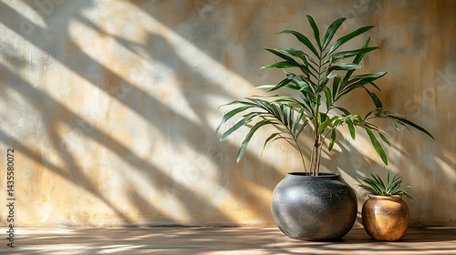Sunlit plants in rustic pots against textured wall