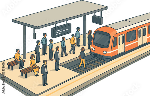 Isometric vector illustration of a city train platform with waiting passengers, train arrival, announcements board, and benches. Clear transport hub design, no text, transparent background