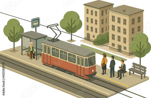 Isometric vector illustration of a tram stop with streetcar, waiting commuters, benches, trees, and nearby apartments. Classic city transportation, no text, transparent background