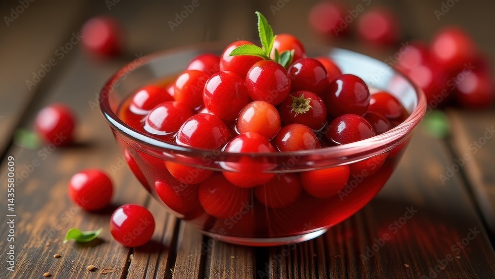A glass bowl filled with vibrant red berries sits elegantly on a rustic wooden table, capturing the essence of fresh, natural produce A glass bowl filled with vibrant red berries sits elegantly on a rustic wooden table, capturing the essence of fresh, natural produce