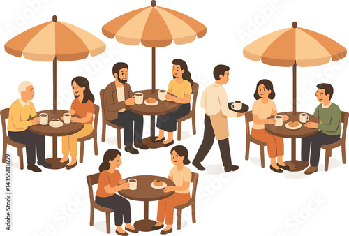 Isometric vector illustration of a street café scene with umbrellas, waiters, customers, coffee mugs, and pastries. Sociable and warm community setting, no text, transparent background