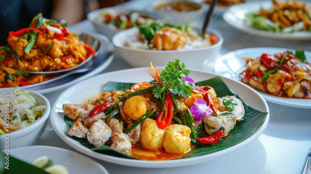 Plated Thai delicacies in contrasting colors, enhanced with organic greens and soft shadows Plated Thai delicacies in contrasting colors, enhanced with organic greens and soft shadows