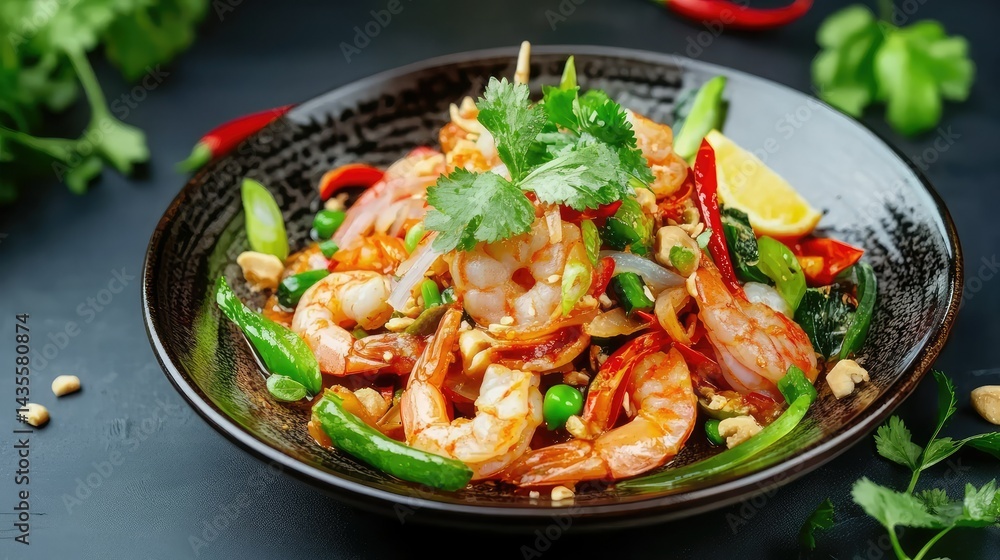 Plated Thai delicacies in contrasting colors, enhanced with organic greens and soft shadows Plated Thai delicacies in contrasting colors, enhanced with organic greens and soft shadows