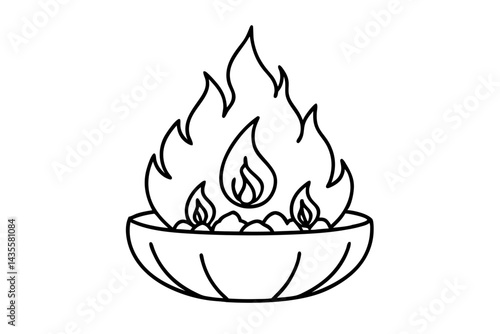 Fire Pit With Flames And Logs Line Art Vector Illustration