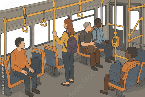 Isometric vector illustration of a city bus interior with seats, commuters, handrails, backpacks, and ticket validator. Functional and lifelike transit view, no text, transparent background