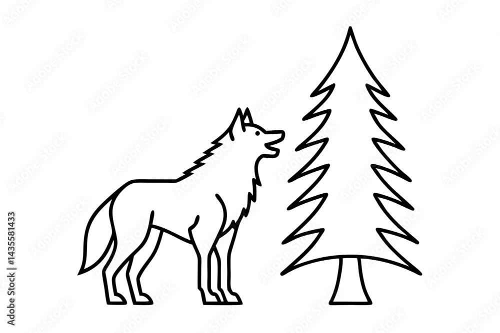 Howling Wolf And Pine Trees Line Art Vector Illustration Howling Wolf And Pine Trees Line Art Vector Illustration