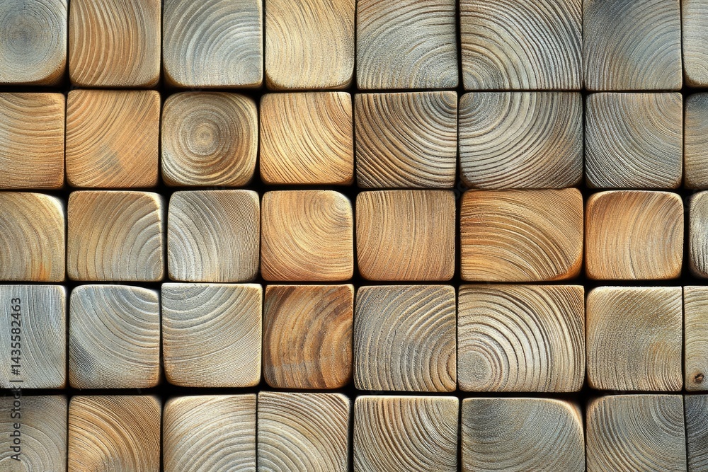 Obraz premium Wooden block wall art. A pattern of square wood blocks arranged in a grid, showcasing varying shades of light brown and gray tones.