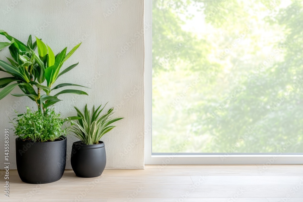Fototapeta premium Minimalist Scandinavian living room with natural light and plants.