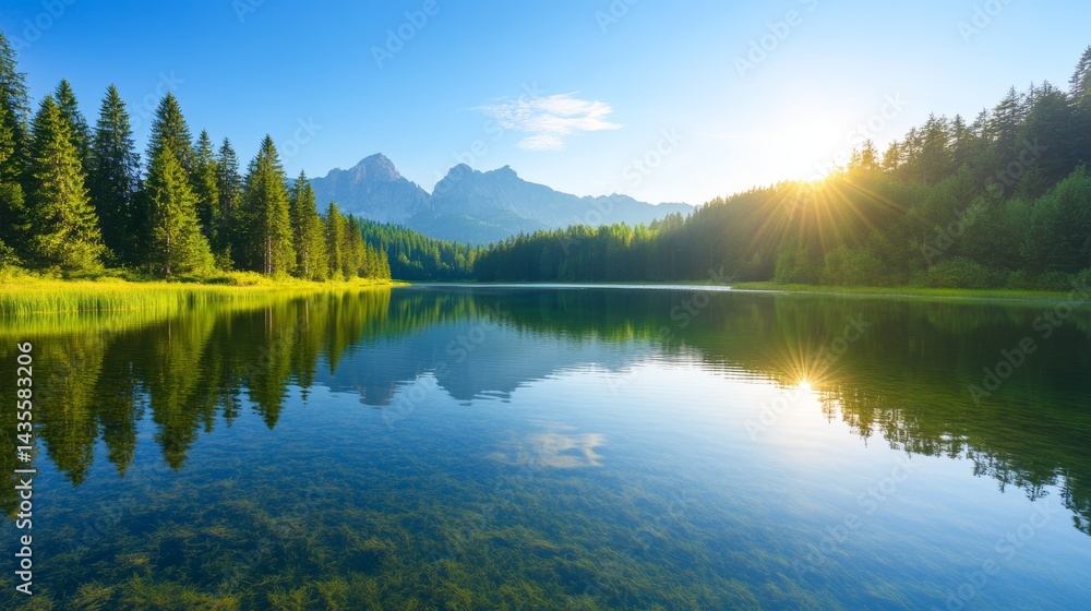 Mountains reflecting in clear lake at sunrise, peaceful atmosphere. Mountains reflecting in clear lake at sunrise, peaceful atmosphere.