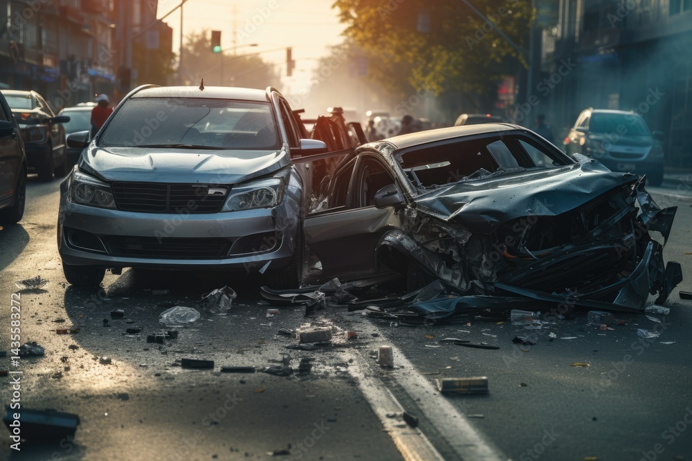 Obraz premium Two severely damaged cars after a collision on a city street during sunset.