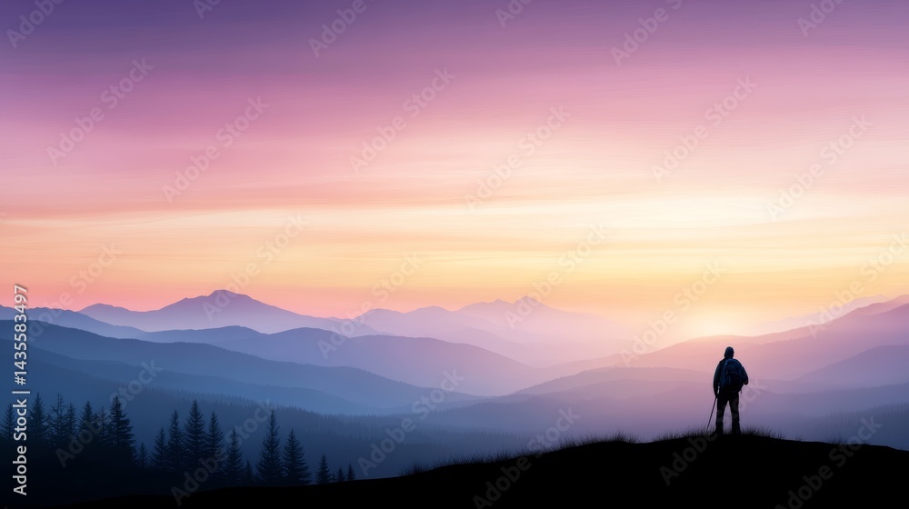 Traveler with backpack looking at mountain landscape at sunrise. Traveler with backpack looking at mountain landscape at sunrise.