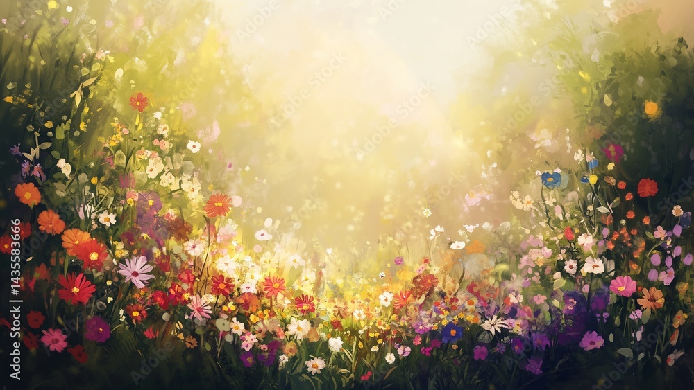 Digital painting of meadow flowers with sunlight and open text space