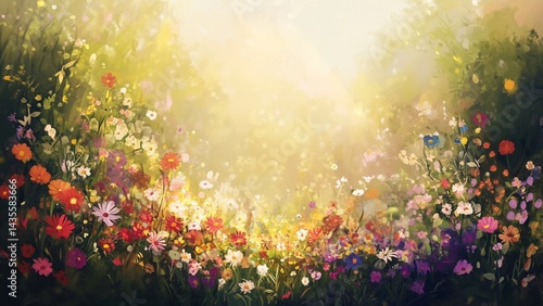 Obraz na płótnie Digital painting of meadow flowers with sunlight and open text space w salonie