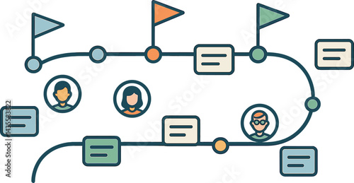 Display product roadmap timeline with milestone flags, release stages, team avatars, and task cards. Vector illustration, structured and visual, no text, transparent background