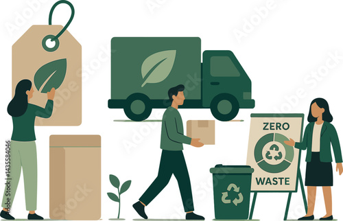 Visualize sustainable business practices with eco product labels, green logistics, and zero waste charts. Vector illustration, responsible and modern, no text, transparent background