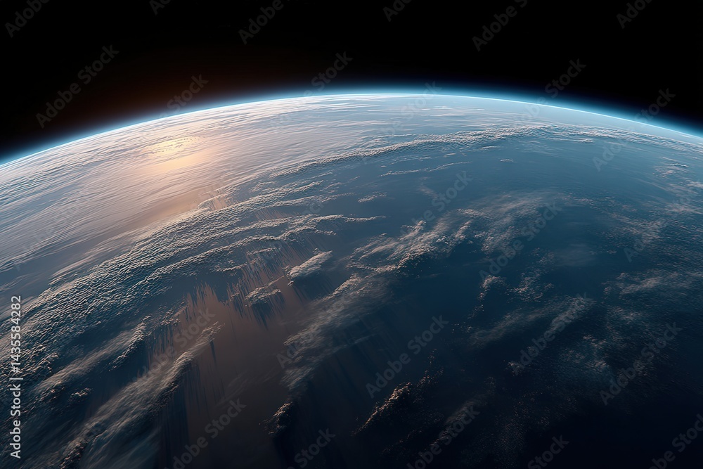 Fototapeta premium Glowing Earth curve from space orbit seen under low sun angle revealing warm light atmosphere and realistic planetary shading in cinematic earth photo