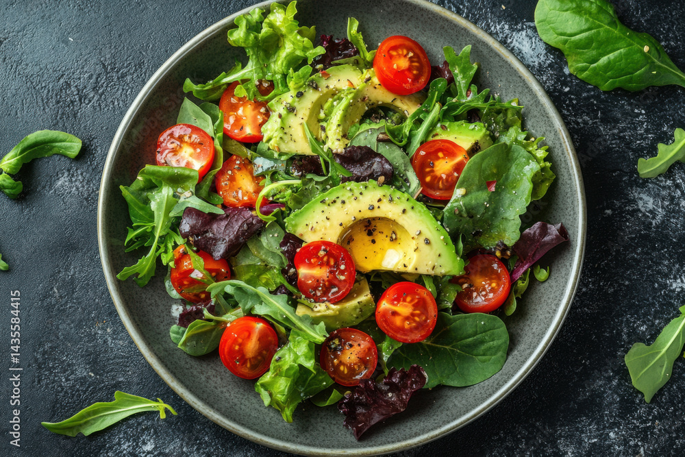 Avocado salad with diced avocado, cherry tomatoes, mixed greens, and feta cheese drizzled with balsamic vinaigrette on a white plate. Avocado salad with diced avocado, cherry tomatoes, mixed greens, and feta cheese drizzled with balsamic vinaigrette on a white plate.