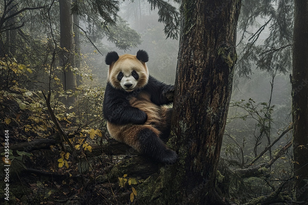 Obraz premium Giant panda sitting on a tree branch in a forest, in the Sichuan plains of China, high-resolution photography.