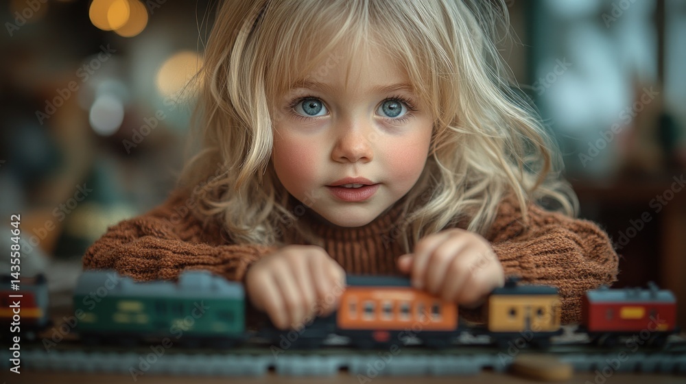 Adorable toddler girl playing with toy train set. Adorable toddler girl playing with toy train set.