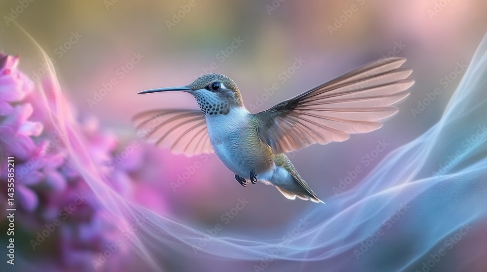 Fototapeta premium Hummingbird in flight near purple flowers with soft, dreamy background.