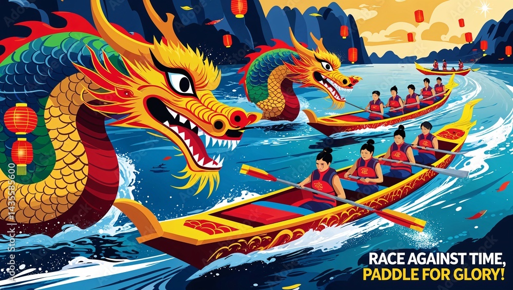 Race Against Time, Paddle for Glory Bold visuals of colorful dragon boats slicing through sparkling waters. Feature vibrant illustrations of dragon heads and festival lanterns with a message about the Race Against Time, Paddle for Glory Bold visuals of colorful dragon boats slicing through sparkling waters. Feature vibrant illustrations of dragon heads and festival lanterns with a message about the