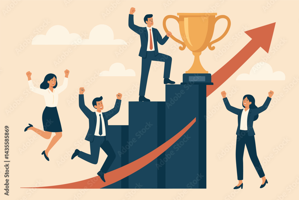 Success and achievement in business. Vector illustration of professionals celebrating victory. Great for marketing, HR, and motivational visuals. Success and achievement in business. Vector illustration of professionals celebrating victory. Great for marketing, HR, and motivational visuals.