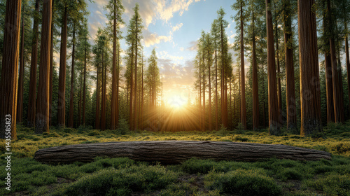 Majestic redwoods tower under vibrant sunset sky, creating serene atmosphere