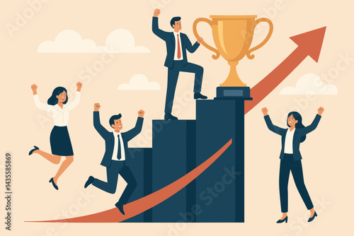 Success and achievement in business. Vector illustration of professionals celebrating victory. Great for marketing, HR, and motivational visuals.