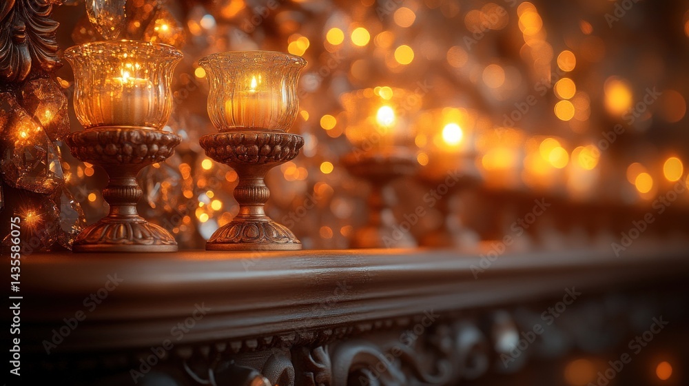Glowing candles in ornate holders on a mantelpiece with bokeh background. Glowing candles in ornate holders on a mantelpiece with bokeh background.