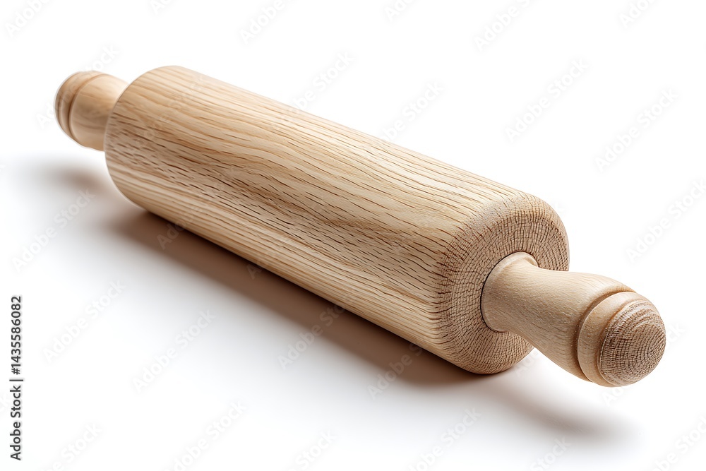 A wooden rolling pin for dough, isolated on a white background, top view, showcasing its simple, functional design. A wooden rolling pin for dough, isolated on a white background, top view, showcasing its simple, functional design.