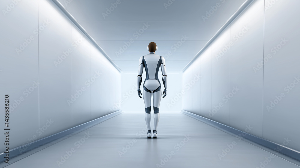 Humanoid robot striding along sleek white corridor, approaching luminous endpoint, representing technological evolution of artificial intelligence Humanoid robot striding along sleek white corridor, approaching luminous endpoint, representing technological evolution of artificial intelligence