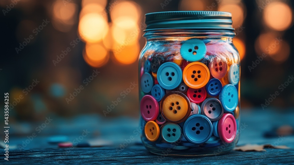 Colorful buttons in a glass jar on a wooden surface, autumnal background. Colorful buttons in a glass jar on a wooden surface, autumnal background.