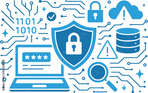 Cybersecurity and data protection. Vector illustration of digital safety, passwords, and systems. Great for IT companies and corporate websites.