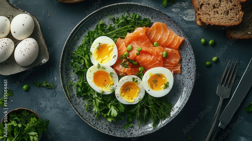 flat lay of Scandinavian breakfast with boiled eggs, smoked salmon, rye bread, fresh herbs, minimal style flat lay of Scandinavian breakfast with boiled eggs, smoked salmon, rye bread, fresh herbs, minimal style